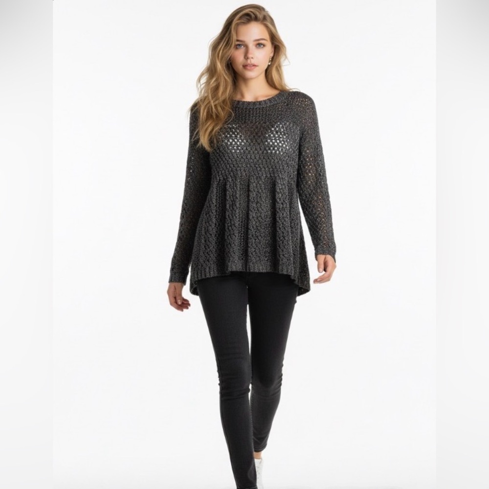 Love & Legend X Charcoal Knit Shimmer Open Knit Crochet Long Sleeve Sweater - Picture 8 of 8
